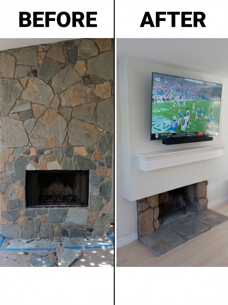 TV over stone fireplace before and after wire concealment